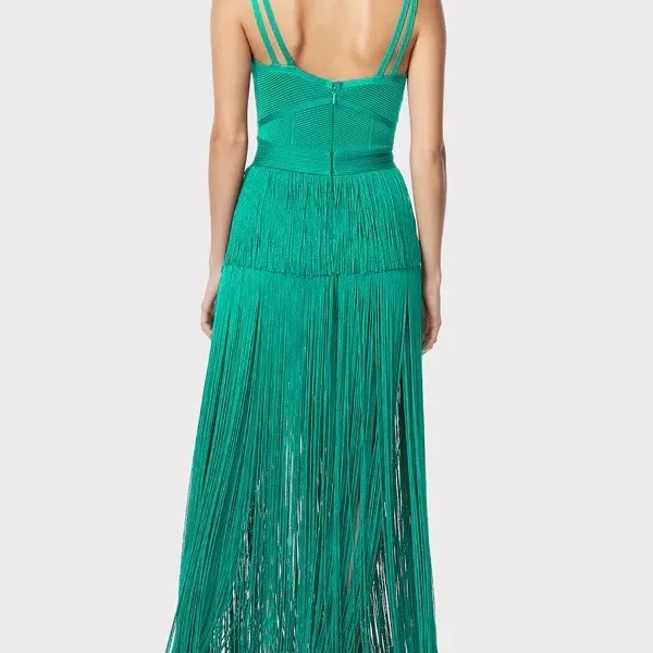 Green Tassels Spaghetti Strap Bodycon Bandage Maxi Long Dress Women Sexy V Neck Sleeveless Celebrity Evening Party Dress Vestido