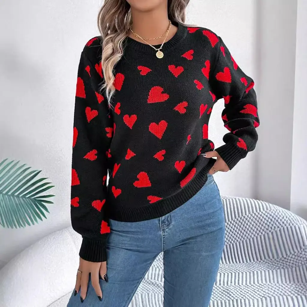 

Women's Casual Long Sleeve Pullover Sweater round Neck Contrast Color Love Pattern Autumn Winter Fashion Hair Generation