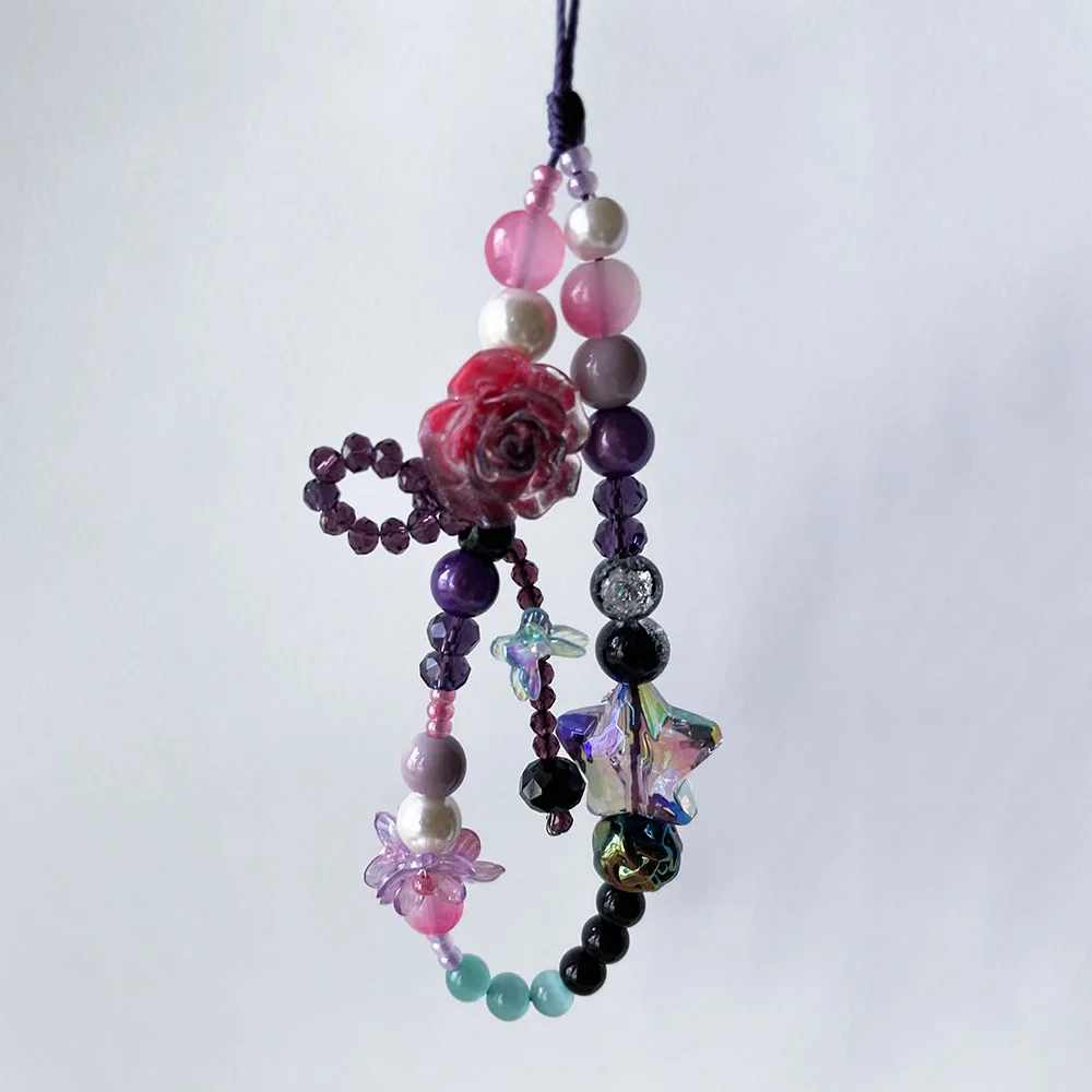 Red Rose Flower Phone Charm Strap Resin Butterfly Purple Black Star Beads Keychian Bag Camera Decor Jewelry for Women Girl Gift