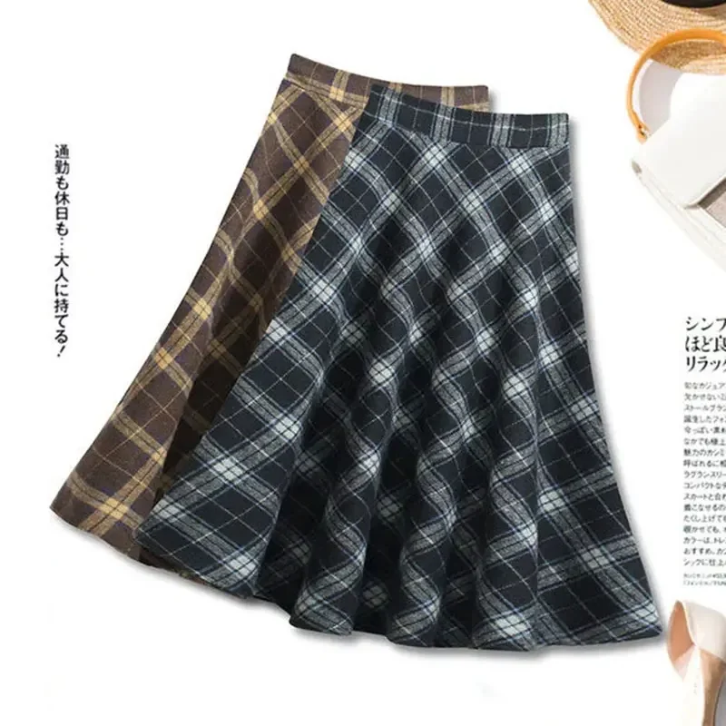 Coffee Plaid Striped Vintage High Waist A-line Loose Women's Skirt Mid-Calf Long Big Skirts For Women Clothing Fashion 2026