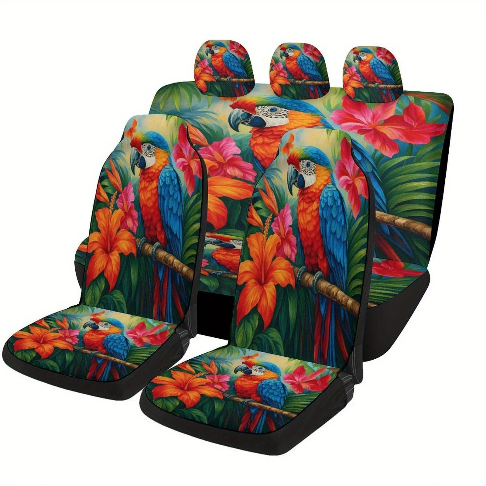 Set Of Car Seat Covers Featuring Parrot And Floral Designs, Suitable For Various Vehicles. Stylish And Unique Decorative Covers