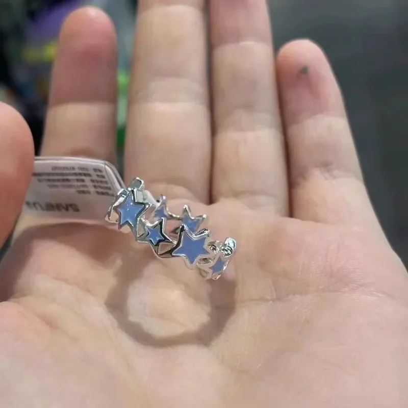 Y2k غير النظامية الوردي نجوم خواتم الفتيات الحلو لطيف افتتاح قابل للتعديل حلقة المينا الأزرق ستار يقترن خواتم وحلقة العلاج بالطاقة