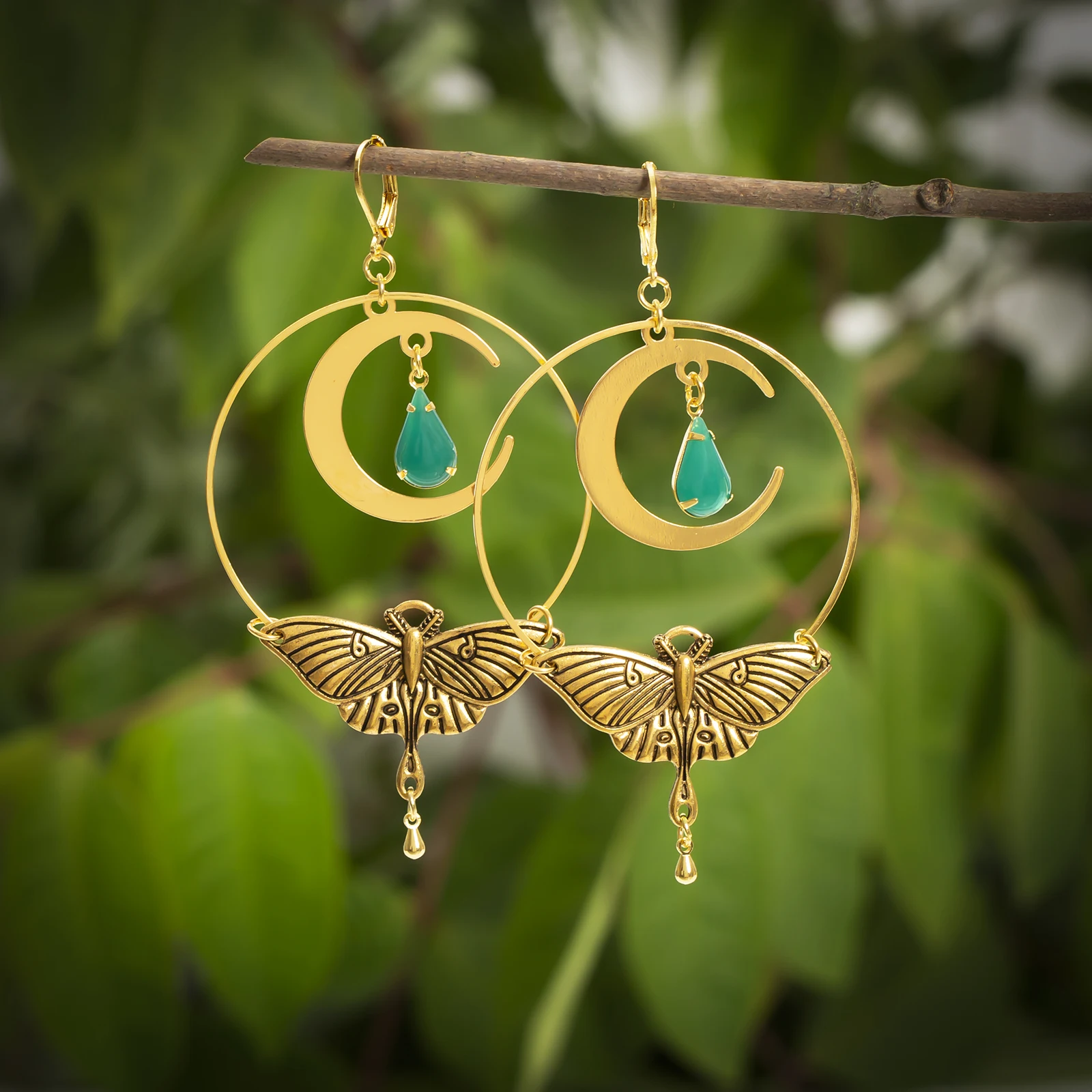 ZKBKJSPZJB The Luna Moth Drop Hoops//Boho Earrings // Dangle Earrings // Witchy Earrings