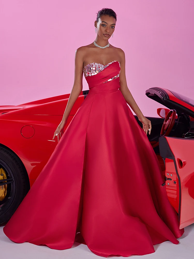 فستان سهرة أنيق من الساتان للنساء 2025 فستان فاخر بدون حمالات للحفلات الراقصة أخضر طول الأرض فساتين رسمية زرقاء