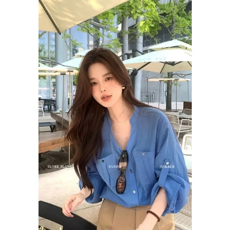 

Women's Blue Loose-Fit Long-Sleeve Blouses V-Neck Shirt