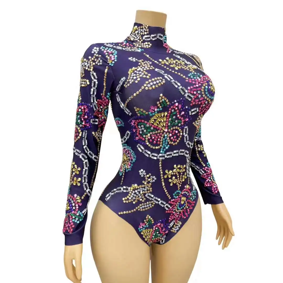 Sparkly Rhinestones Long Sleeve Leotard for Women Sexy Performance Dance Costume Singer Dancer Stage Wear Nightclub Bodysuit