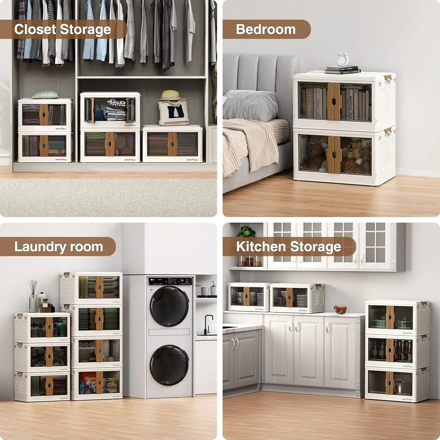 Stackable Storage Bins with Lids, 104 Gal Closet Organizers with Wheels, Open Front Collapsible Storage Boxes, Plastic Foldable