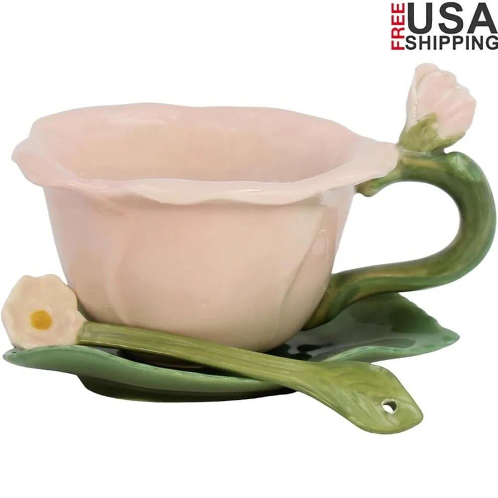 

Fine Porcelain Pink Hibiscus Flower Shaped Cup Saucer Spoon Set Hand Painted Food Safe Home Décor Contemporary Floral Design