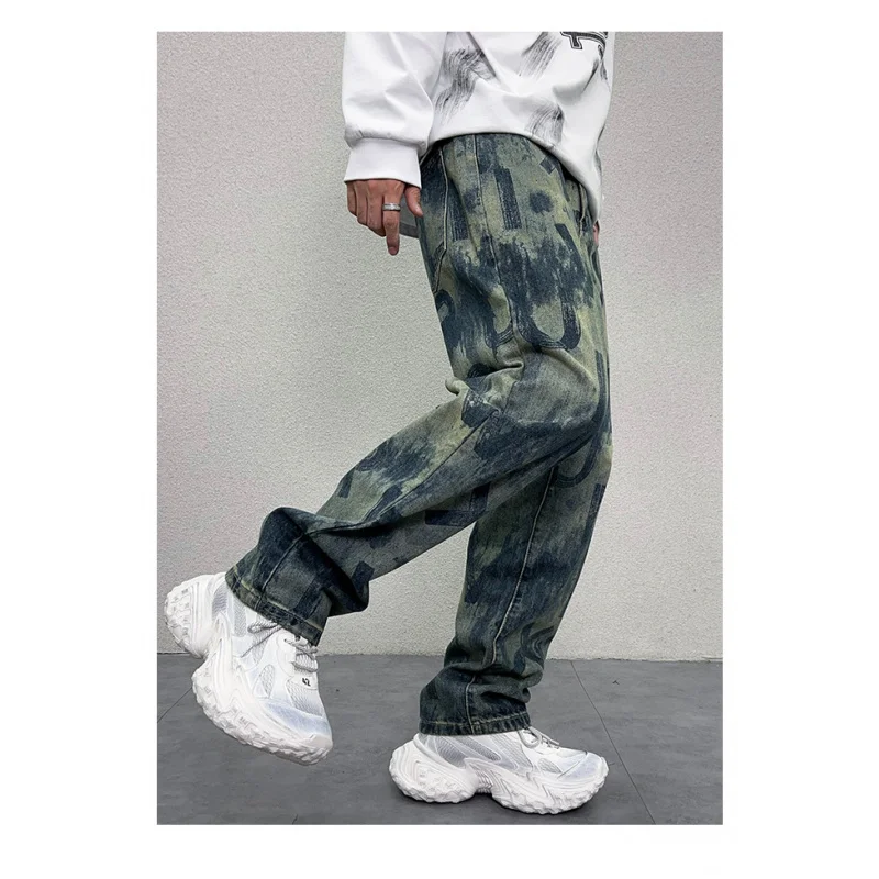 Y2K Retro2024 Jeans Men's American Style High Street Loose Straight Wide Leg Street Fashion Tie-Dye Printed Denim Cloth Trousers