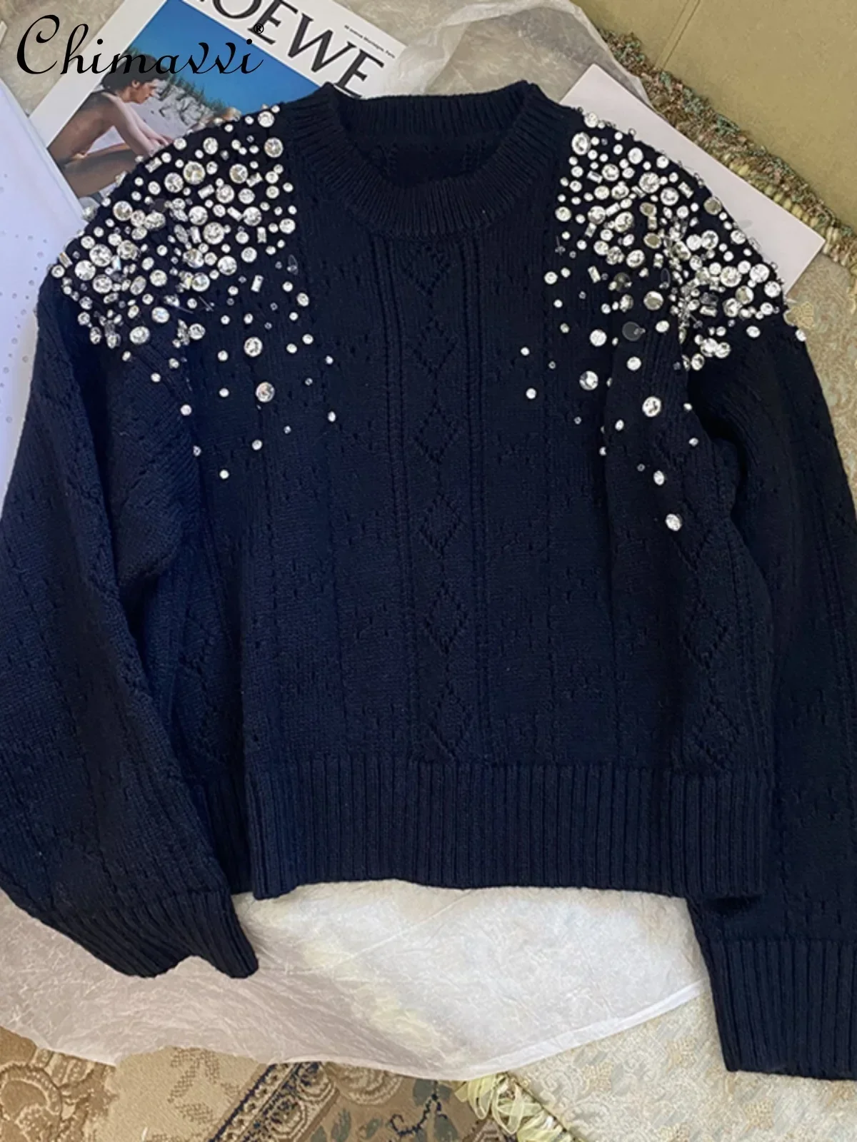 

2023 Autumn New Diamond Round Neck Sweater Women Fashion Heavy Rhinestone Thickened Loose Long Sleeve Pullover Knitted Top