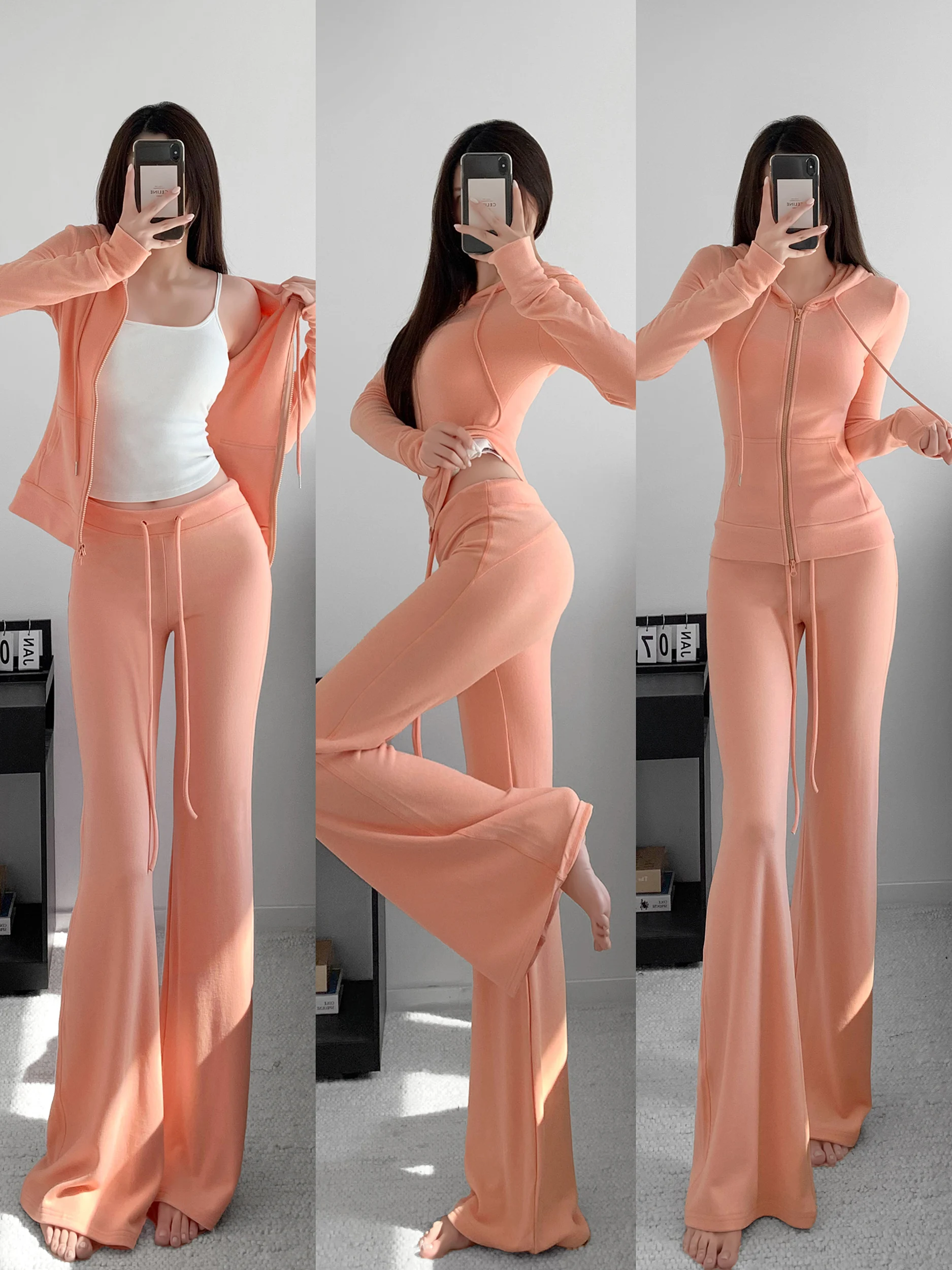 Autumn Winter Women's High Elasticity Velvet Set Low Waist Draped Micro Flared Pants Slim Fit Hoodie Casual Sportswear