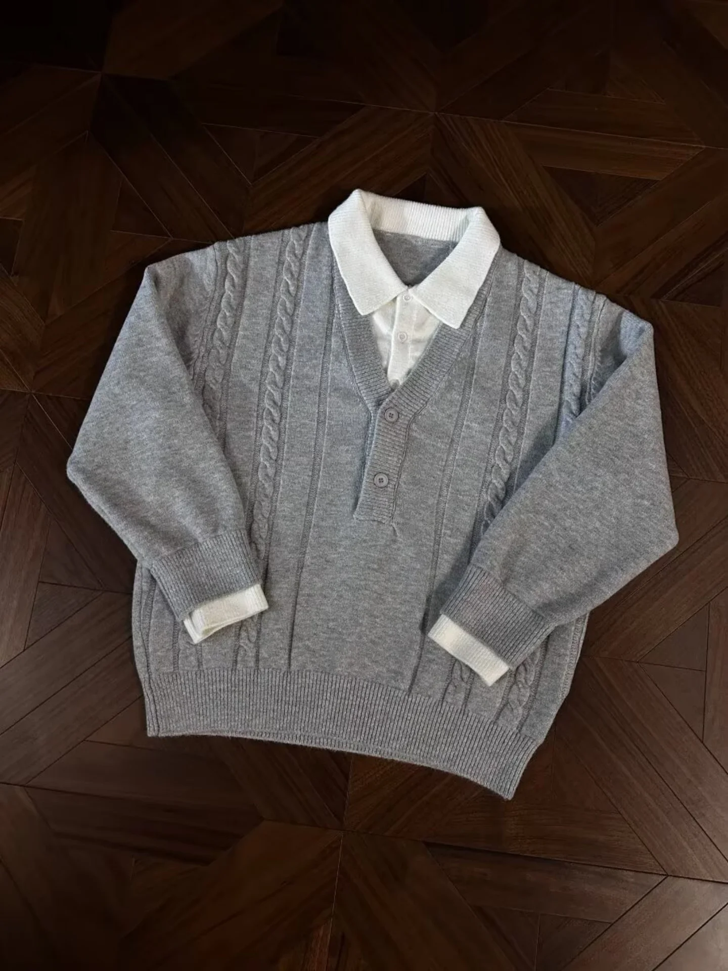 Loose Fit  Neck Knitted Sweater Men's Twist Flower Pattern Casual Long Sleeve Top Warm Soft Fabric Spring Autumn Wear