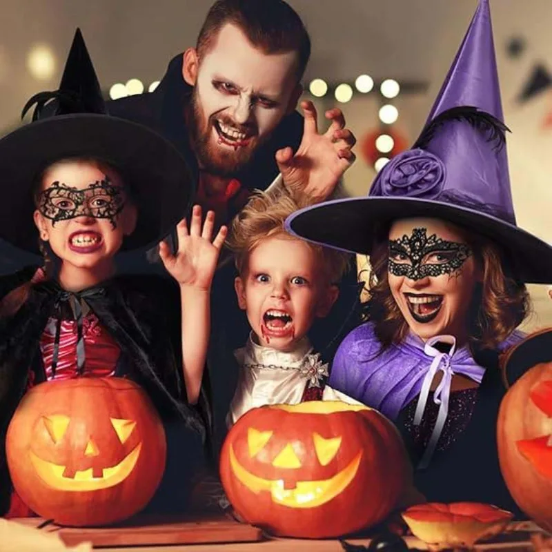 

Witch Hat Halloween Costume Accessories Pleated Oxford Fabric Cap Lace Veil Gloves Set Women Gothic Cosplay Party Supplies New