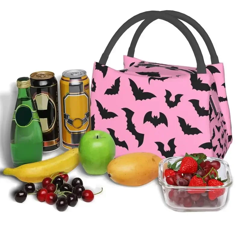 Pastel Goth Pink Black Bats Portable Lunch Box for Women Leakproof Halloween Witch Thermal Cooler Food Insulated Lunch Bag