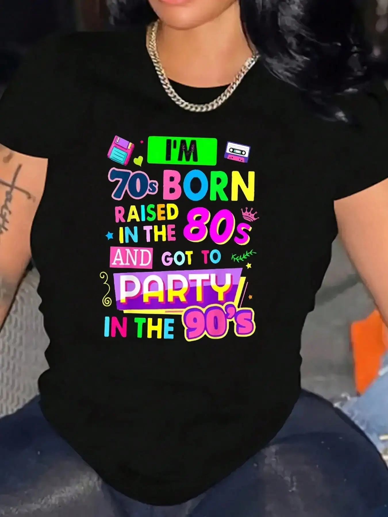 

Women Colorful Creative Letters Design Graphic T-Shirt Plus Size Short Sleeve Tees For Outdoors Activities And Casual Wear, 220g