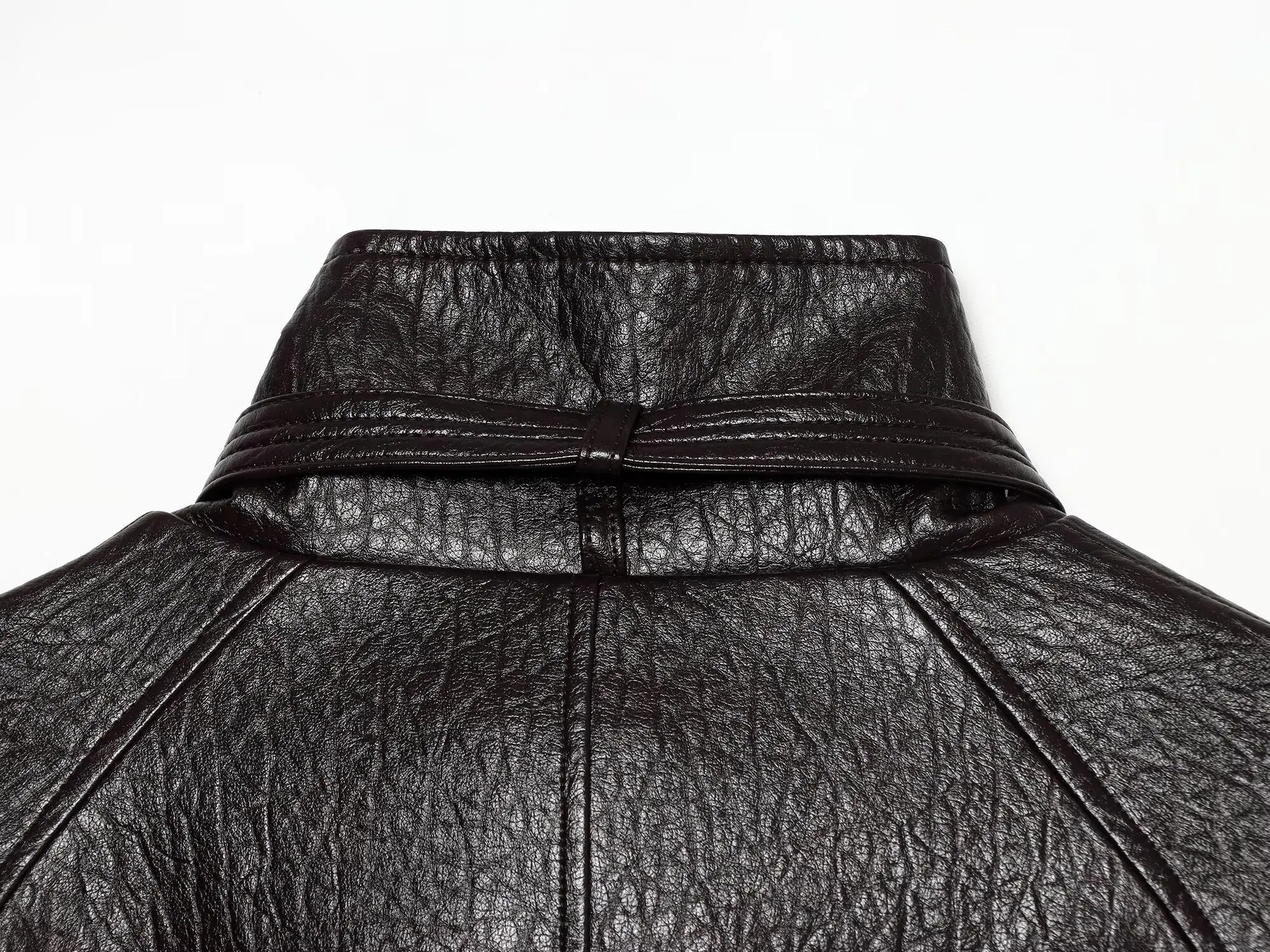 BSAY Vintage Einfarbige Kunstlederjacke für Damen, Neuer Stehkragen mit Halsriemen, Schnallen-Gürtel an der Taille, Laternenärmel, Lässiger Außenmantel – Detail 9