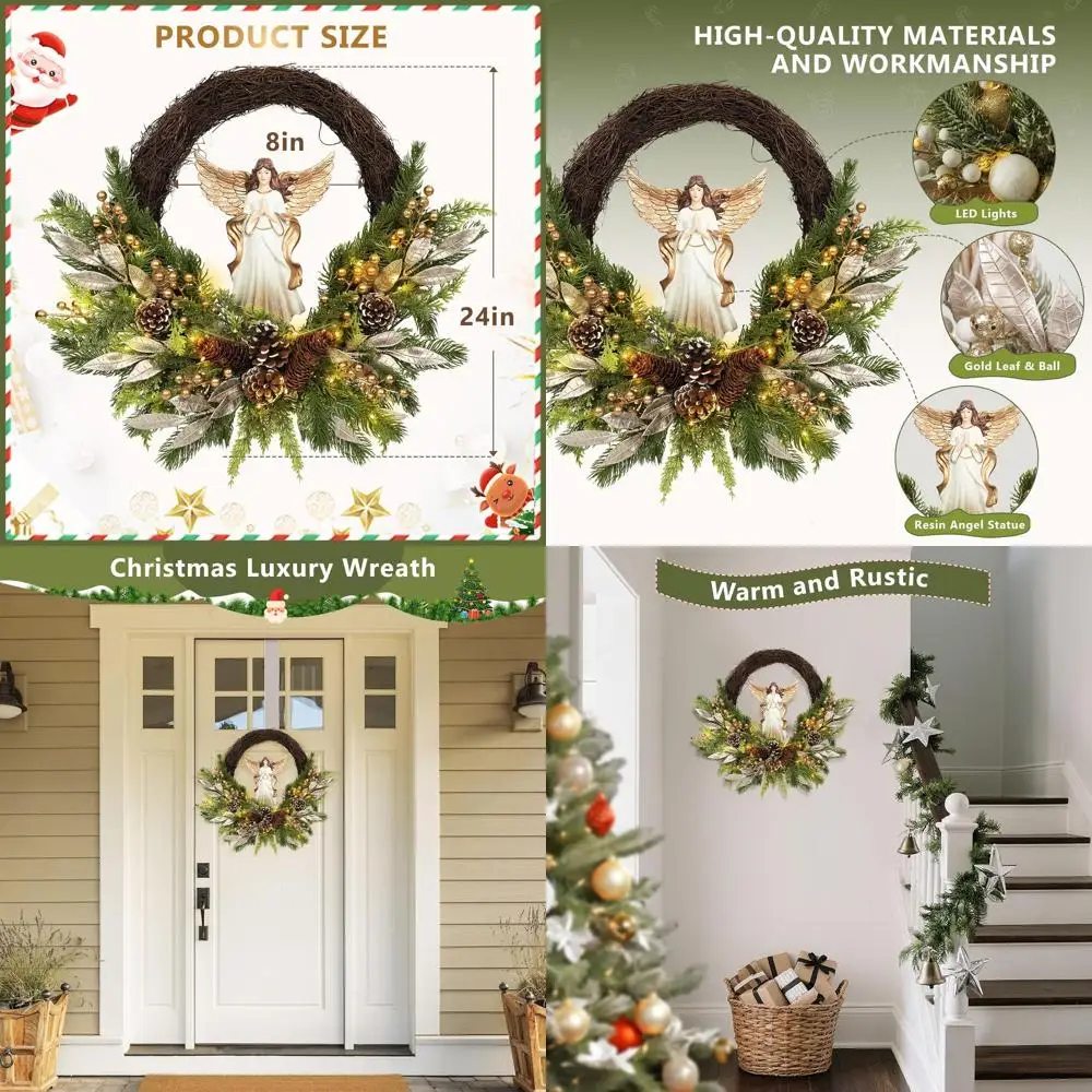 

Искусственный рождественский венок со статуей ангела, золотыми ягодами, светодиодными фонарями для дверей, окон, стены, декора камина
