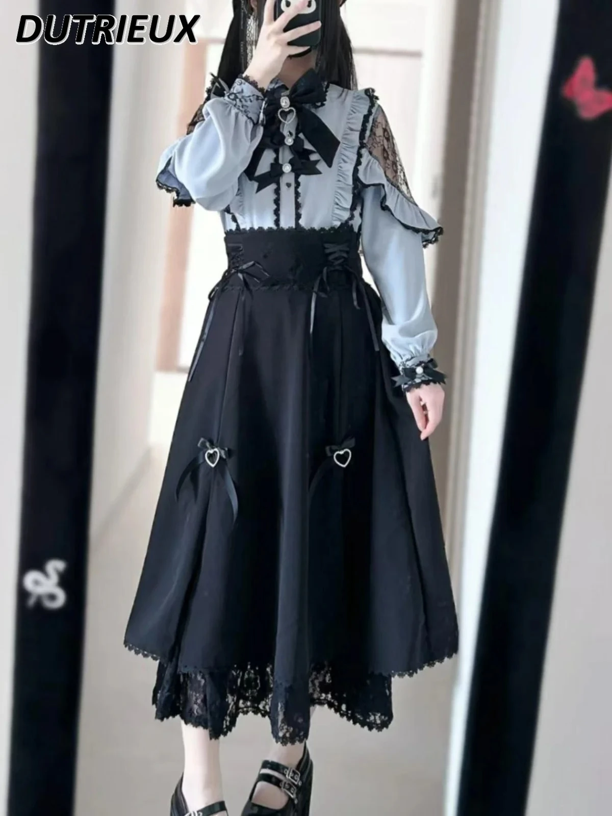 

Оригинальный массовый японский кружевной топ с бантом, рубашка с длинными рукавами и облегающая черная длинная юбка с высокой талией
