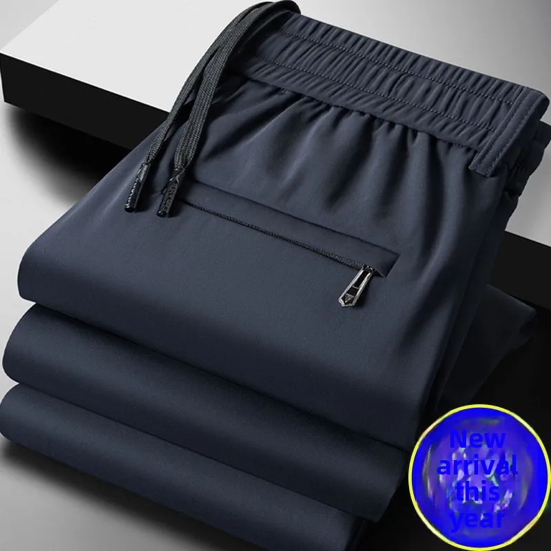 

Ice Silk Elastic Casual Pants Men's Summer Thin Loose Elastic Sports Straight Leg Long Trousers Faionable Youth Leisure Wear