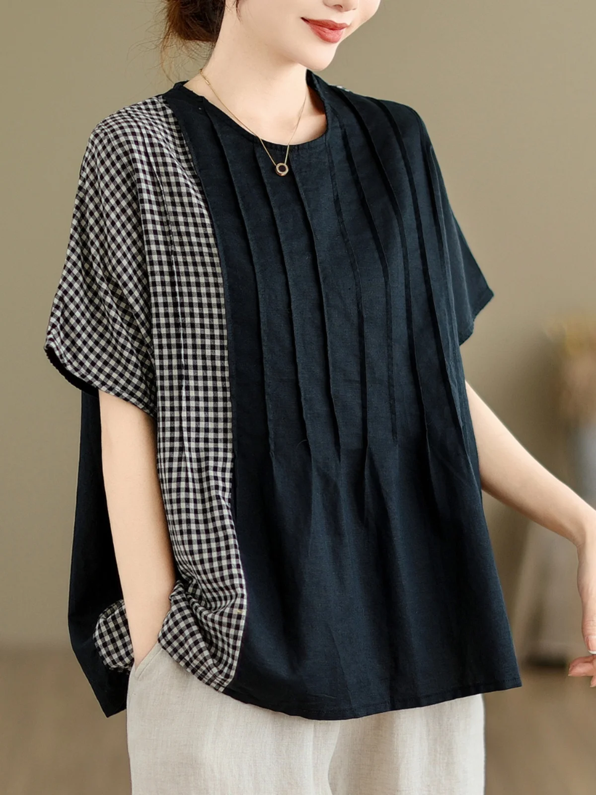 Camiseta de talla grande para mujer, camiseta redonda de algodón y lino, Top Vintage a cuadros japonés, informal, Faion