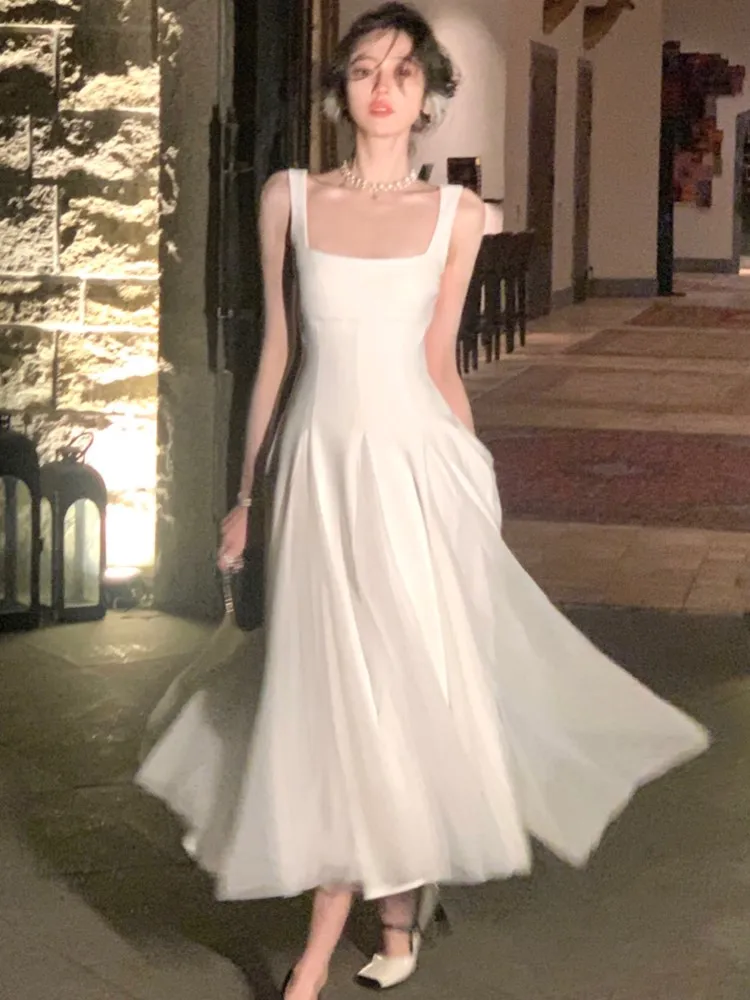 

White Mesh Elegant French Sling Dress For Woman Summer Square-Collar Fairy Ball Gown Slim Fit Skirt Party Evening Dress 2025