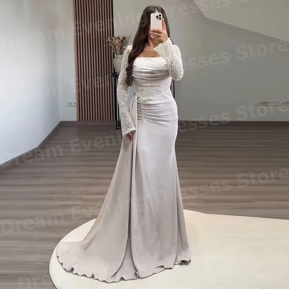 

Elegant Mermaid Women's Square Neck Pearls Evening Dresses Customized Vestidos Para Mujer Prom Gowns Long Sleeve Robe De Soirée