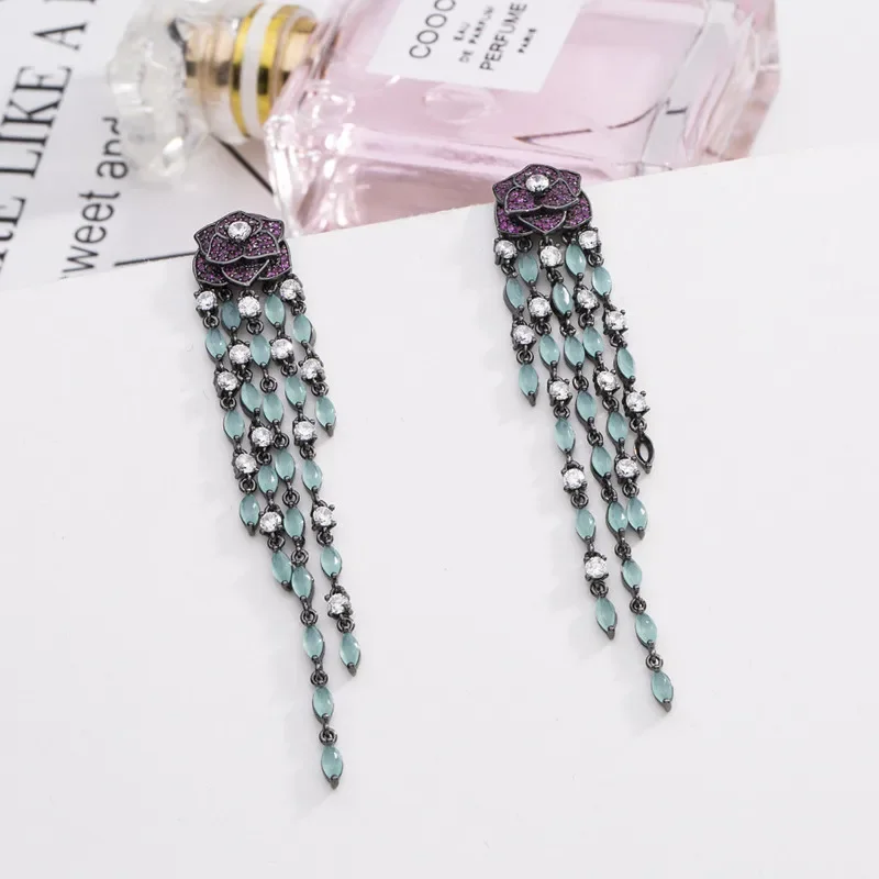 FXLRY Luxury long black gun plated vintage purple rose flower with green tassel earring for women Jewelry