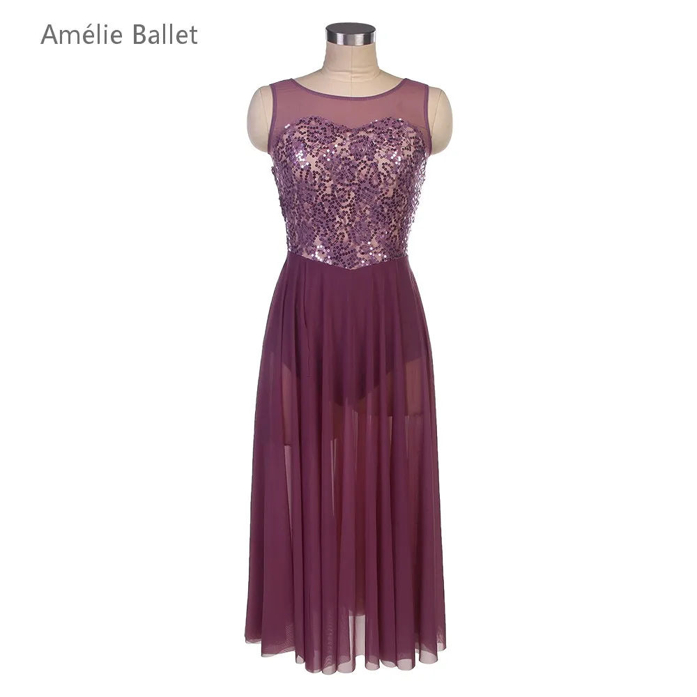 

25060 Серо-фиолетовое балетное платье из спандекса и сетки с блестками для взрослых девочек, балетные, лирические и современные танцевальные костюмы