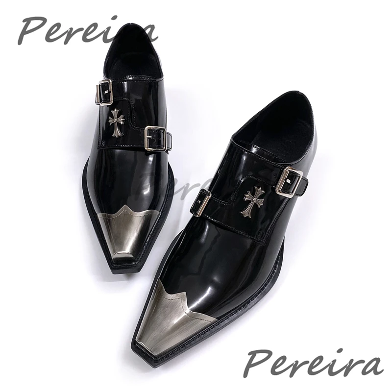Punk Retro Metal Toe Derby Shoes Trendy Rivet Double Buckle 5CM Thick Heel Dress Shoes British Patent Leather Party Club Shoes