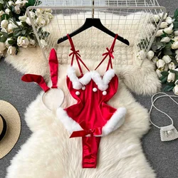 Sexy V-Neck Camisole Women's Bodysuit Bunny Girl Sweet Bow Bobble Patchwork Playsuit Slim Fit Sleeveless Jumper Cosplay Pajamas