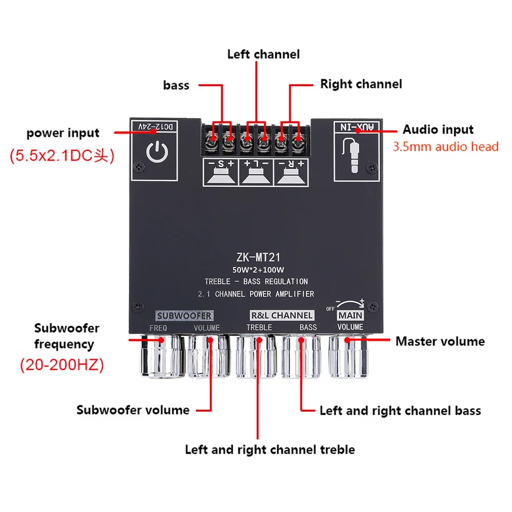 ZK-MT21 2x50W + 100W 2.1 canais subwoofer placa amplificadora de potência digital AUX 12V 24V áudio estéreo Bluetooth 5.0 amplificador baixo para casa