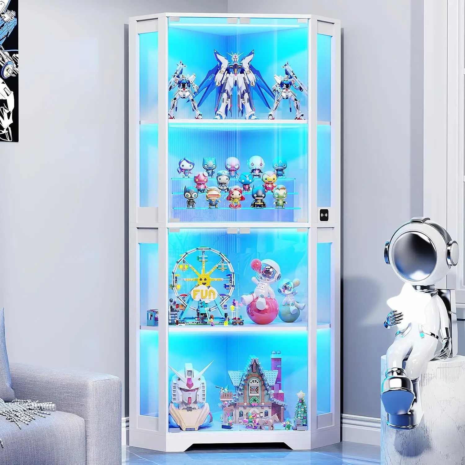 

Угловая витрина со стеклянными дверцами, 65-дюймовая витрина Curio с подсветкой и 3 цветными лампочками для предметов коллекционирования, книг