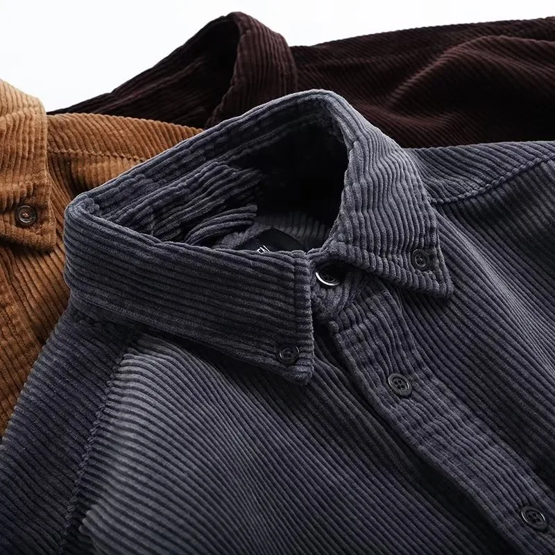 

Retro American Corduroy Long Sve irt Men's Autumn Winter Workwear Durable Youth Faion Breathable Loose Fit ket Detail