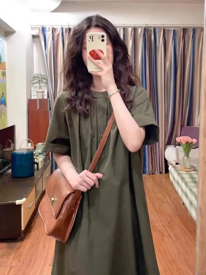 Retro Loose Short Sleeve Age-Defying Dress Women's College Summer Casual plus Size Slimming Long Skirt Korean Style Shirt Dress