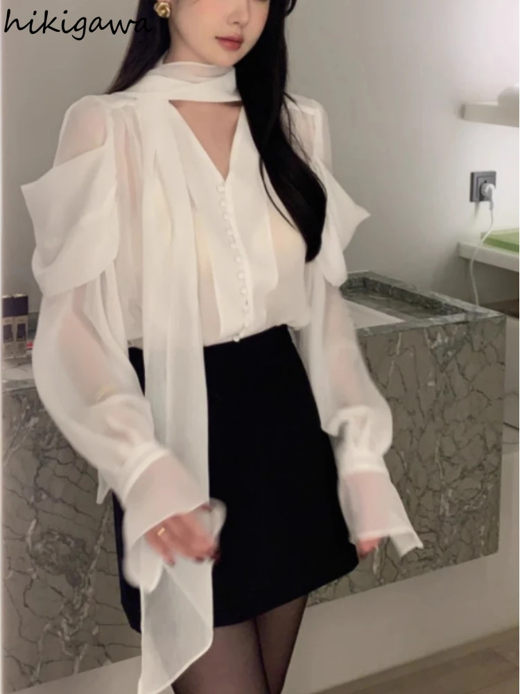 Korean Chic Women Shirt Temperament Ladies Tops V-neck Long Sleeve Chiffon See Through White Blouses 2024 Blusas Mujer De Moda