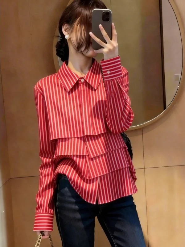 Slimming Red Striped  Neck Open Cardigan Women's Loose Fit Shirt Comfortable Design Spring Early 2026 Commute Style