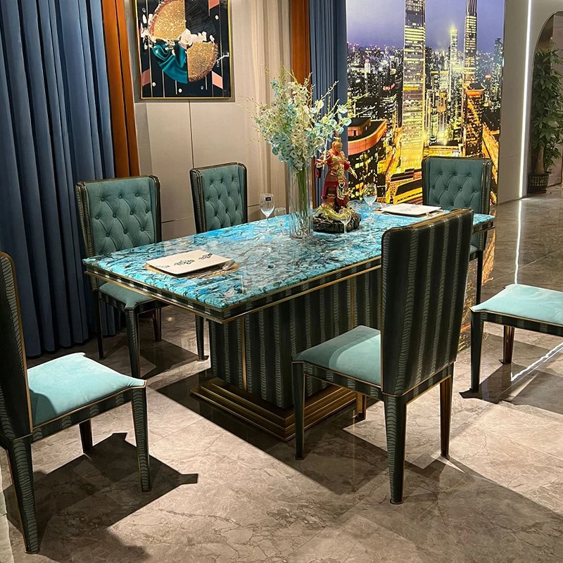 Luxury Italian marble snake pattern stainless steel rectangular dining table and chair set high-end customization