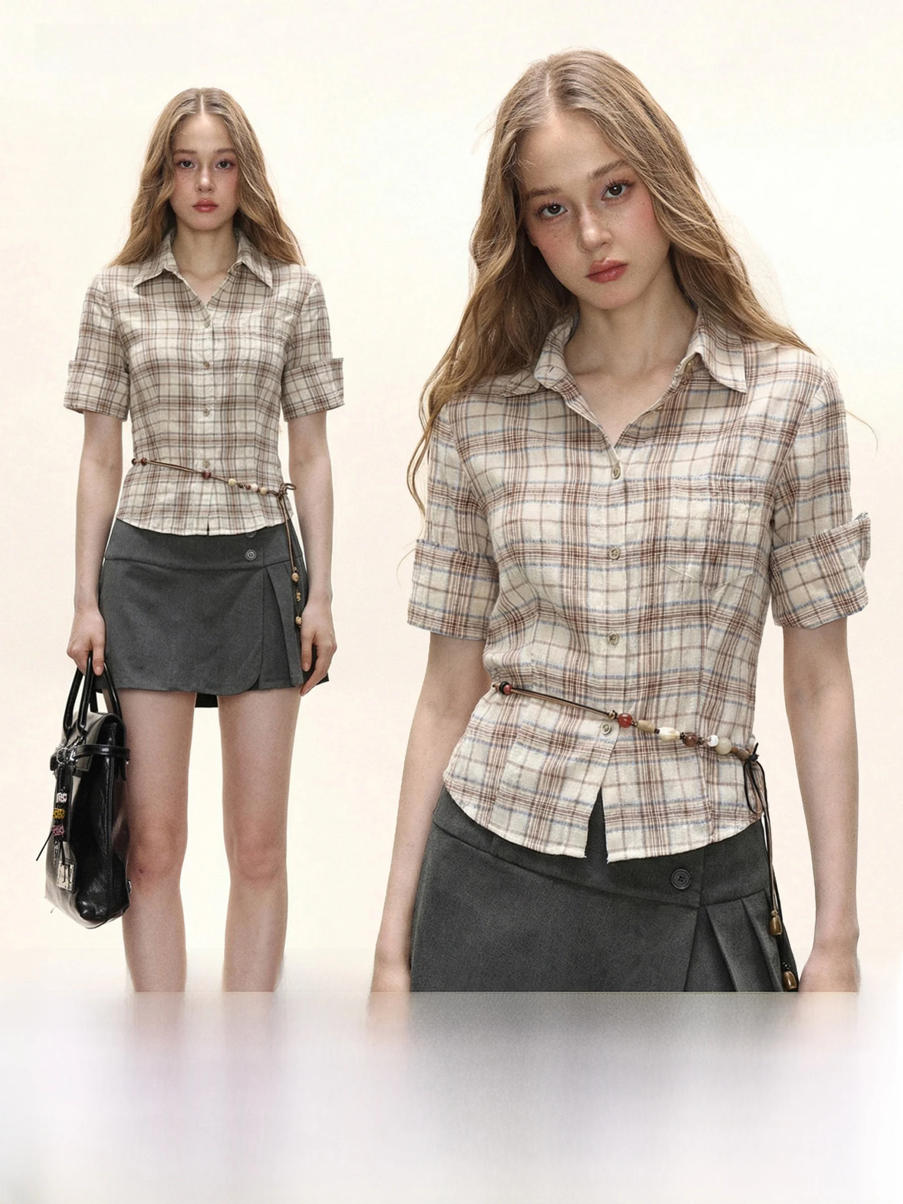 

Женская летняя повседневная рубашка Slim Fit в американском стиле с клетчатым узором, рукавом до локтя, укороченная, с завышенной талией, дизайн в стиле Hot Girl