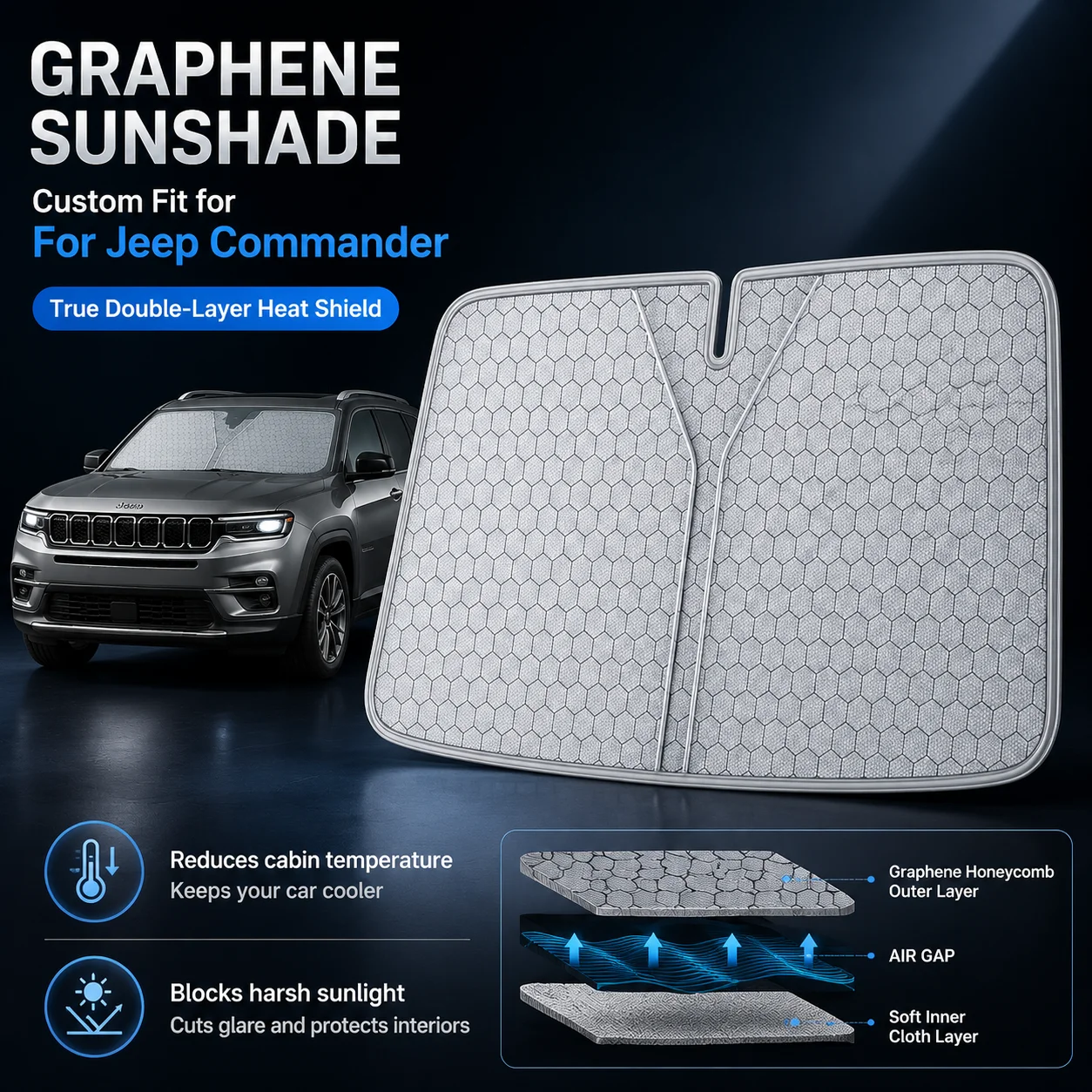 For Jeep Commander Graphene Windshield Sunshade Custom Fit Car Sunshade UV Sun Protection Car Accessories
