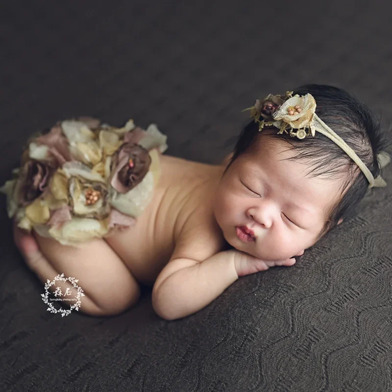 2Pcs/set Newborn Photography Clothing Outfits Headband+Round Flower Cover Baby Girl Photo Props Accessories Studio Infant Shoot