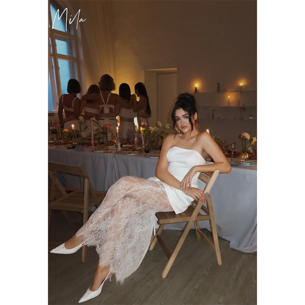 

Mila Strapless Customized White Evening Dresses Sleeveless Zip Prom Dress 2025 Satin Floor-Length Wedding Party Formal Gowns