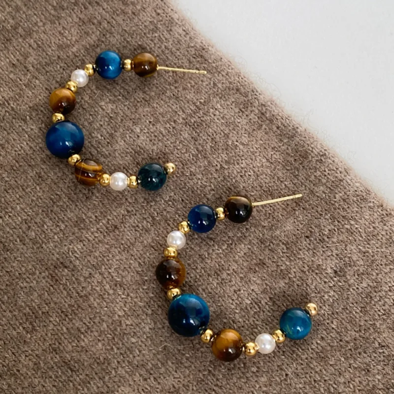 Boho Tiger Eye Natural Stone Beaded C Shaped Hoop Earrings Vintage Blue Round Beads Huggies Ethnic Tribal Jewelry For Women