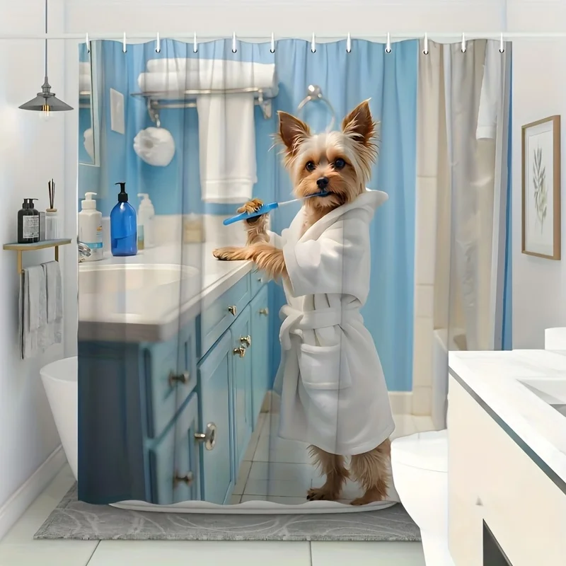 1pc Whimsical Yorkshire Terrier in Bathrobe Shower Curtain - Machine Washable Polyester with 12 Hooks, Wave Fold Top Design for