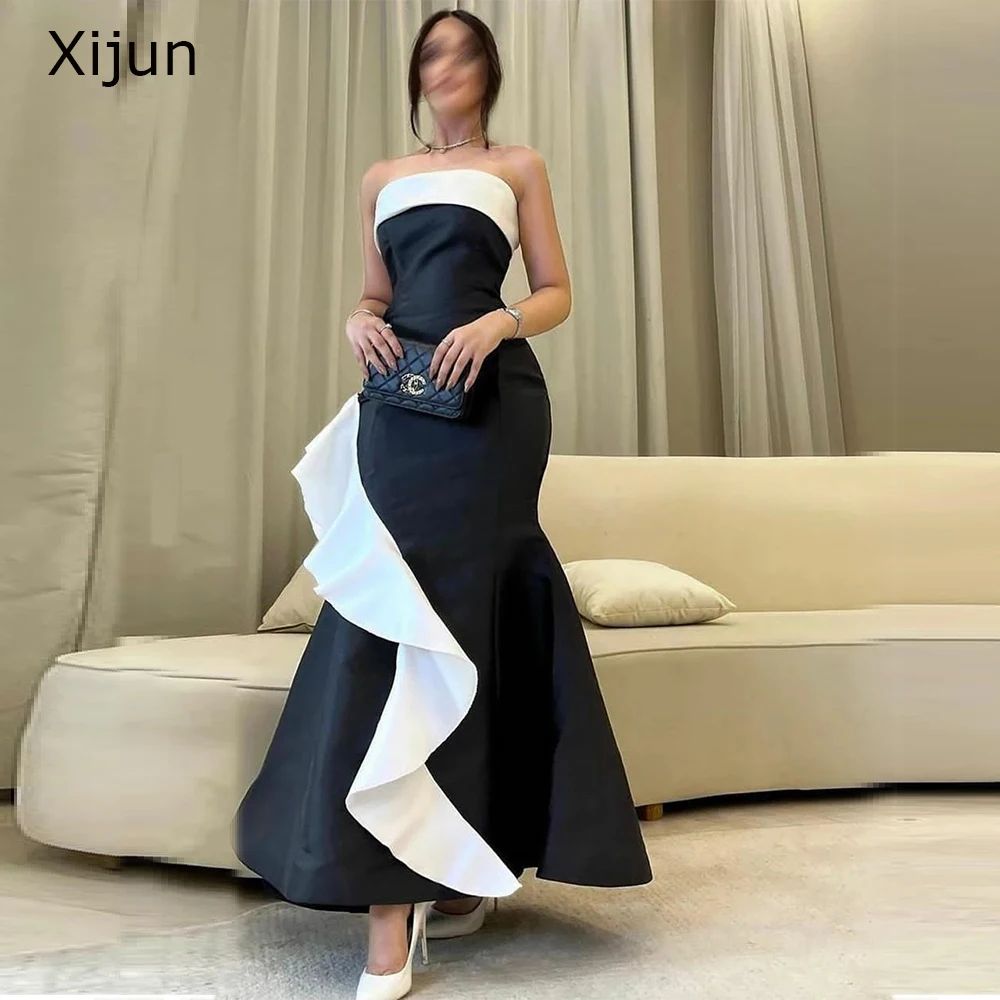 Xijun Black White Evening Dress Long Satin Prom Gown Mermaid Women Elegant Saudi Arabia Ankle Length Vestido De 2022 Elegant