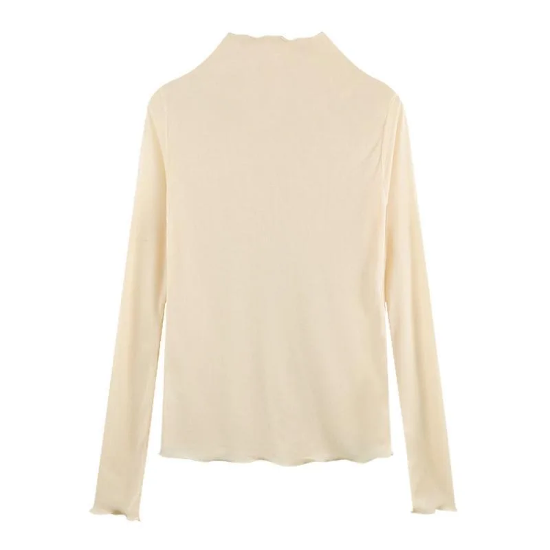 T-shirt da donna sexy vedere attraverso top in rete trasparente manica lunga velata slim da donna dolcevita solido t-shirt in seta top corto in pizzo