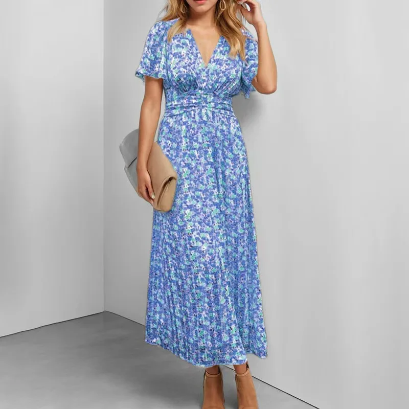 

V-Neck Ruffle Sleeve Long Dress Women'S Fashionable Printed And Elegant Dress