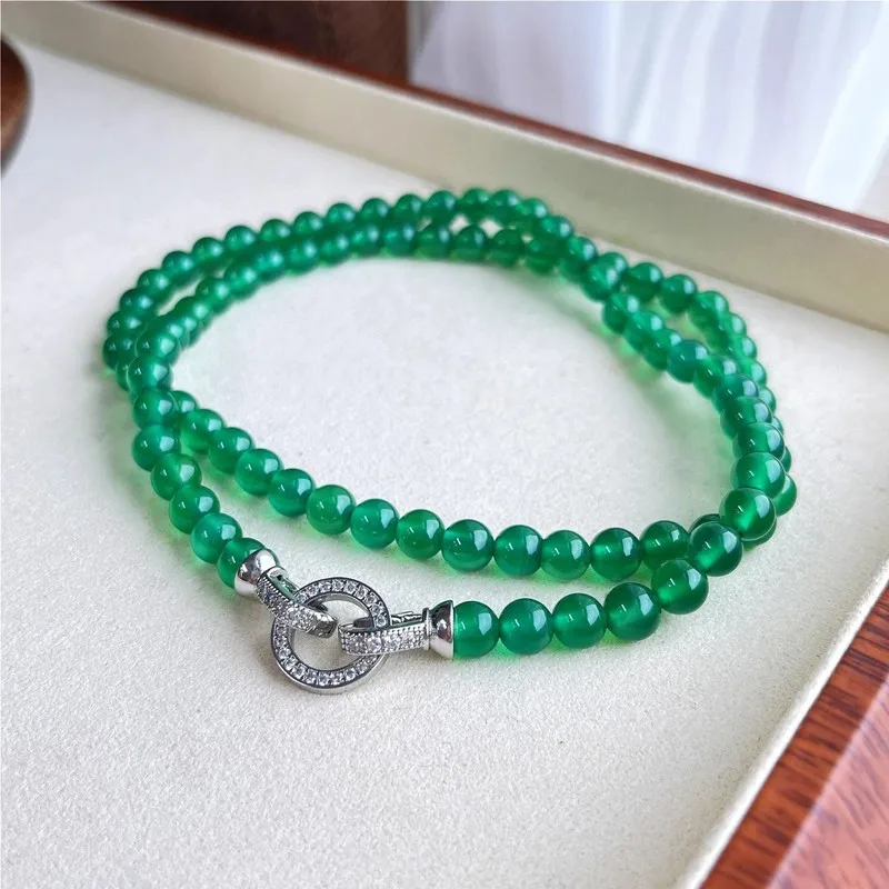55cm Jadeite Zhengyang Green Natural Ice-Type Chalcedony Necklace 6mm Round Bracelet Rice Beads Clavicle Chain