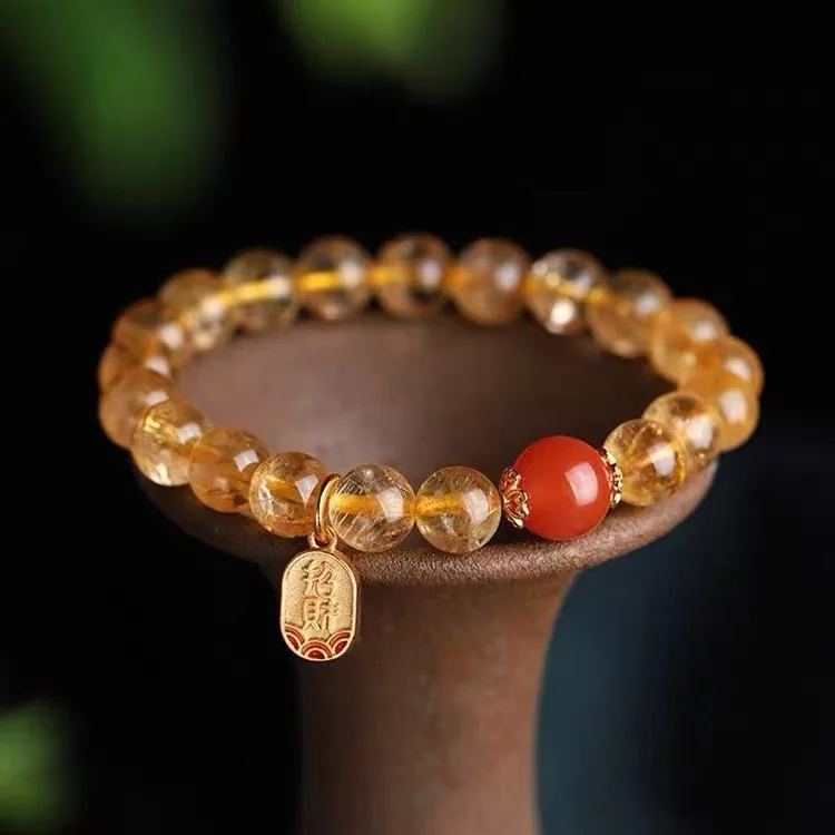 Chinese Style 8mm Natural Brazilian Citrine Bracelet For Women Red Agate Beaded Lucky Wealth Attracting Feng Shui Blessing Jewel