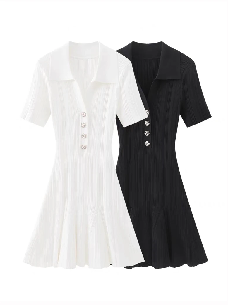 Summer New Women;s Turn Down Collar Short Sleeve Knitted Dress Slim Fit A-line Diamond Buttons White Dress For Wmen C-050