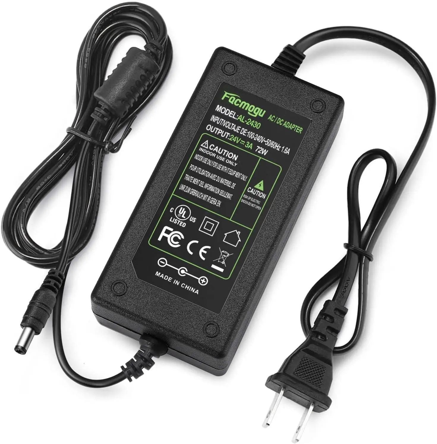 

24V 3A 72W AC DC Power Supply Adapter, 100-240V to 24V 3Amp Transformer, 5.5x2.5mm & 5.5x2.1mm Plug for LED Lights